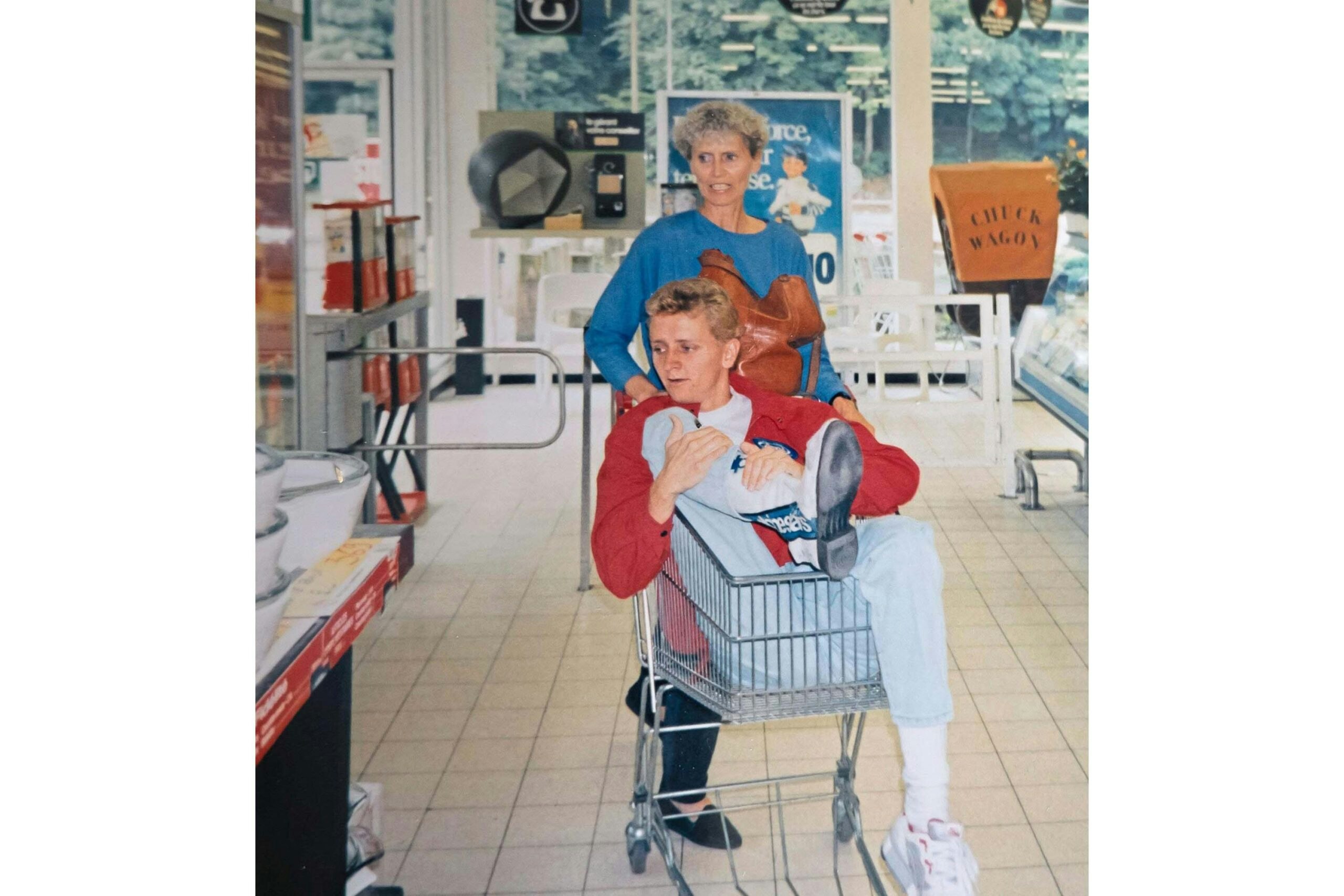 Paul took this shot of Kevin Schwantz going shopping for the team with his mum in 1986. ‘God knows why he got in the trolley. He was crackers’