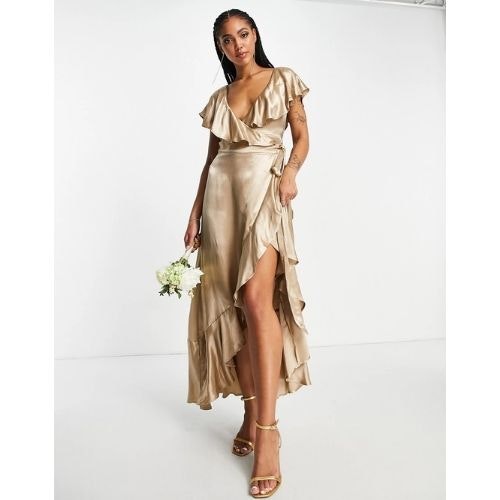 Topshop bridesmaid satin frill wrap dress in gold