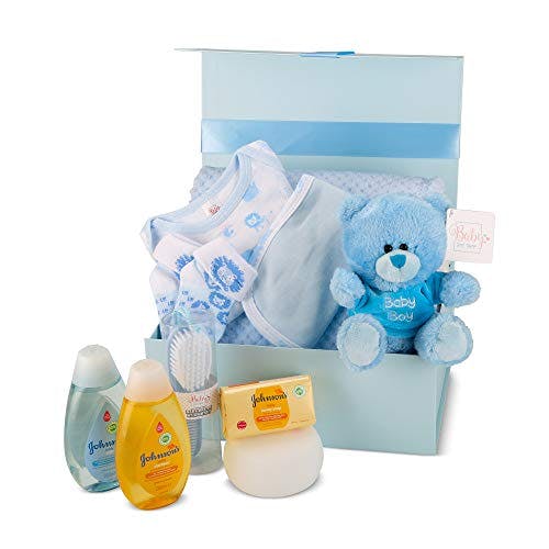 Baby Bear Plush Rattle & Johnsons Toiletries Newborn Baby Gift Hamper Blue 